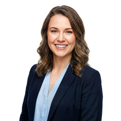 Happy young businesswoman in a blue suit, looking at the camera with a confident smile, on an isolated transparent background.