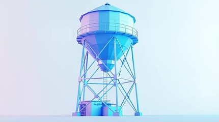 A sleek, minimalist 3D rendering showcases a vibrant blue water tower with geometric structures, standing prominently against a clean, light gradient background.