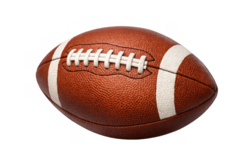 American football, a brown leather ball with white laces and stripes, sitting isolated on a transparent background