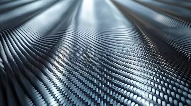 This abstract image features a shimmering metallic surface with intricate, wavy perforated patterns, creating a dynamic and futuristic textured background.