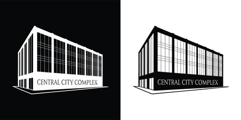 Minimalist architectural icon representing the central city complex displayed in contrasting black and white graphic styles for branding purposes.