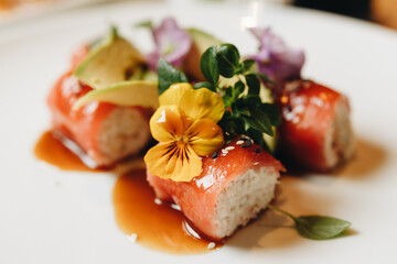 Gourmet Sushi Rolls with Edible Flowers