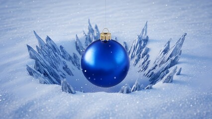 Large blue christmas ornament nestled in snow with ice crystals around it during winter holiday season with festive and decorations and cold