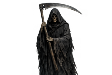 Grim reaper standing, holding scythe, personifying death concept, halloween horror symbol on transparent background