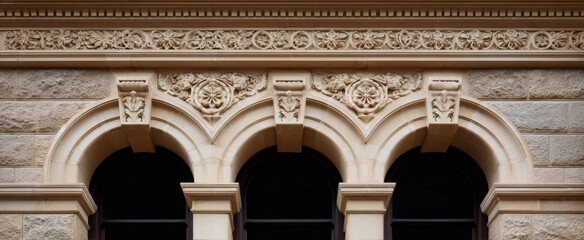 Naklejka premium This heritage building's facade is like a canvas of elegant arches and sculpted reliefs.