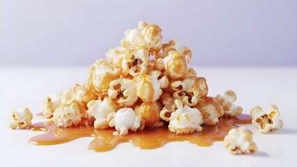 Caramel popcorn heap with gooey golden syrup on white surface with snack and food and sweet and treat and dessert and movie and theater and cinema