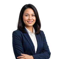 Confident young Asian businesswoman smiling with arms crossed in a dark blue blazer, isolated transparent background.