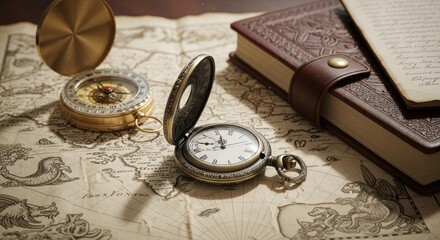 Antique navigational tools and journal rest upon a detailed historical world map