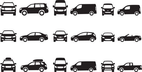 Black, car, silhouette, icons, set, featuring, SUV, sedan, van, hatchback, convertible, pickup, truck, and, various, vehicle, side, and, front, view, vector, symbols. © Hello World