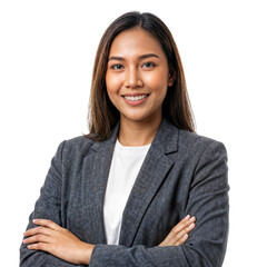 Confident young Asian businesswoman smiling with arms crossed in a grey blazer, isolated transparent background.