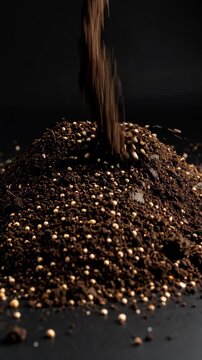 Close-up of dark, rich potting soil with white granular fertilizer or perlite on a black backdrop for gardening and plant growth.