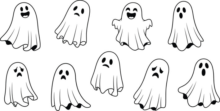Cute hand drawn ghost characters collection with different emotions and expressions for Halloween decorations stickers and spooky season patterns