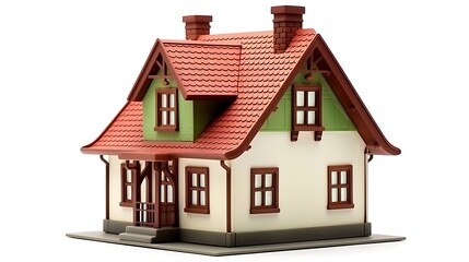 Charming miniature house model with red roof and green accents on white background