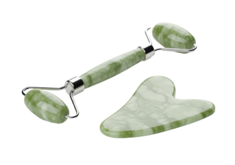 Luxurious pale green jade facial roller and gua sha stone on a transparent background with a wet reflection. Concept of holistic beauty and self-care