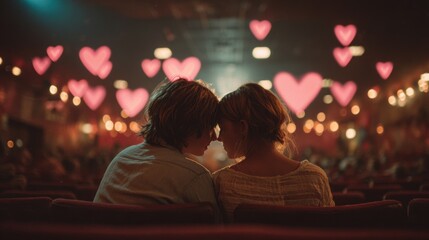 Young romantic loving couple kissing on the red chair in Cinema, relationships and lifestyle concept,bokeh pink heart in cinema,romantic spending time together,Relaxation movie concept.