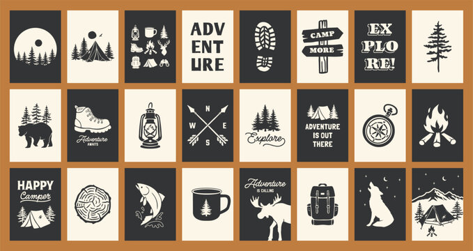 Outdoor themed vector set with camping illustrations, woodland animals, badges, tents, mountains, quotes, and adventure graphics. Perfect for stickers, posters, apparel, and nature-inspired designs.