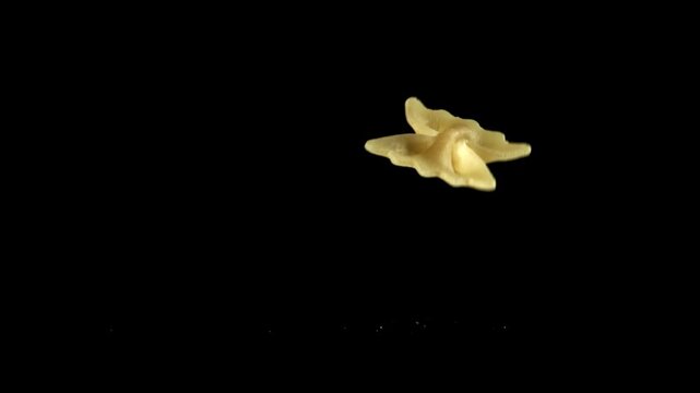 Super slow motion dry farfalle pasta . Filmed on a high-speed camera at 1000 fps. High quality FullHD footage