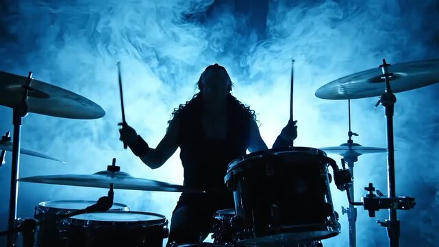 Silhouette of a female drummer passionately performing on a stage illuminated by dramatic blue smoke.
