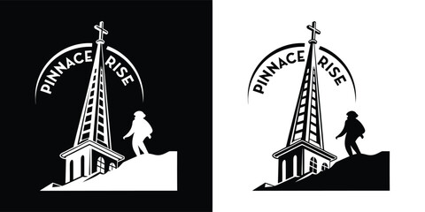 Striking black and white logo design featuring a climber ascending a tall church steeple beneath the words pinnacle rise
