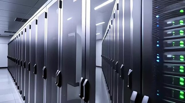 A long aisle in a modern data center features rows of gleaming server racks with blinking green and blue lights, symbolizing advanced technology and digital infrastructure.