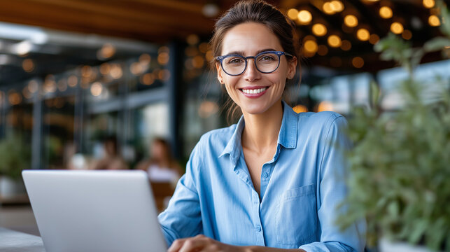 Portrait skilled female programmer, modern laptop computer looking, camera remote working café, terrace millennial woman digital, netbook freelance job , with copy space - Powered by Adobe