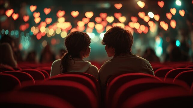 Young romantic loving couple kissing on the red chair in Cinema, relationships and lifestyle concept,bokeh pink heart in cinema,romantic spending time together,Relaxation movie concept.