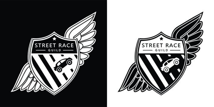 Black and white graphic emblem design featuring a winged shield with a stylized car and the text street race guild