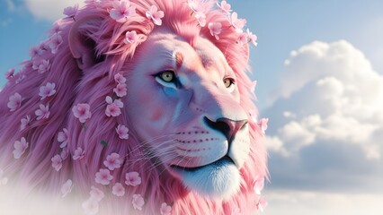 A majestic pink lion with flowers in its mane looks to the right against a serene blue sky with fluffy white clouds on a sunny day with floral mane