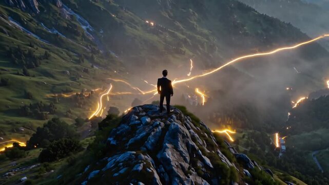 High-end cinematic video businessman standing calmly mountain summit vast valley filled abstract motion blur of city lights, flowing data streams moving clouds, symbolizing clarity chaos, minimalistic