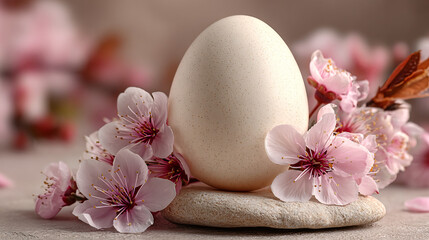 close-up Easter photograph of a smooth egg with spring flowers, soft pastel tones - For Easter renewal