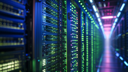 Blinking server lights of a supercomputer using Artificial Intelligence AI for futuristic technical innovation and modern digital energy with vibrant colors generative AI