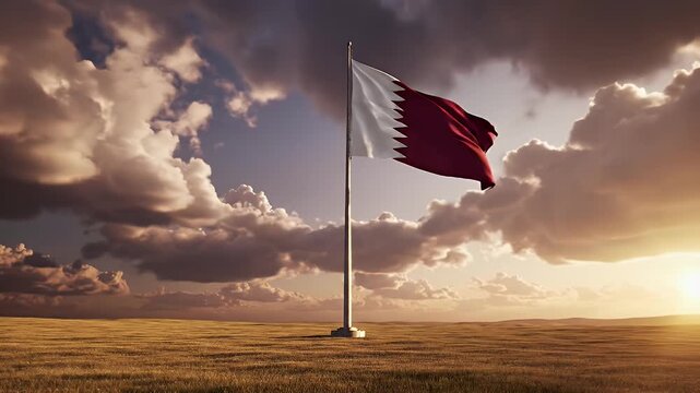 Qatar national flag waving on tall flagpole in open golden field under dramatic cloudy sky at sunset