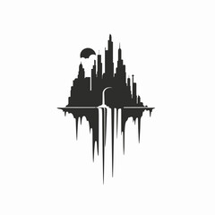 Naklejka premium Mysterious dark futuristic fantasy cityscape silhouette with abstract inverted reflection, minimalist graphic design illustration