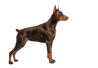 A sleek brown doberman pinscher dog standing proudly with its muscular physique on display isolated on transparent background