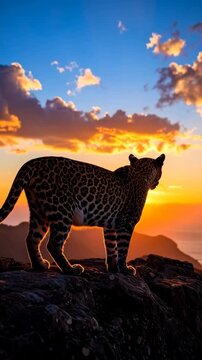 Leopard silhouette standing proudly on a rocky hilltop against a vibrant orange and yellow sunset with scattered clouds and distant mountains