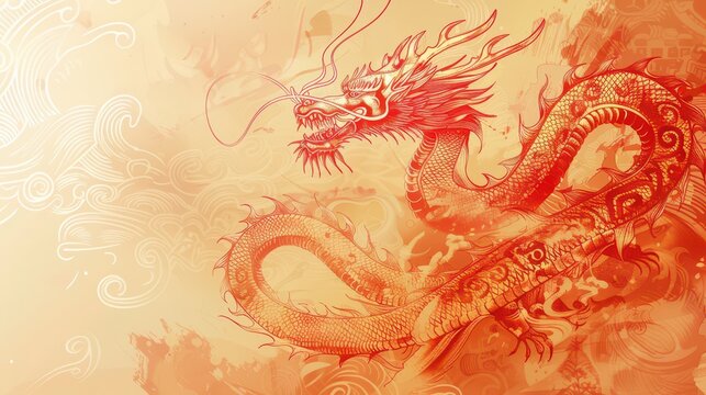 Vibrant chinese new year dragon design for festive celebrations and decor. Horizontal banner. Copy space. Red dragon on a yellow background. Watercolor illustration
