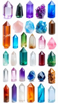 Assortment of colorful crystal points and clusters with various cuts and formations on a white background arranged in rows, top view.