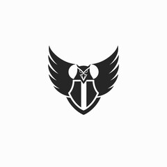 Obraz premium Stylized Black Owl Logo with Spread Wings and Shield Emblem on White Background - Wisdom, Protection, Strength Graphic