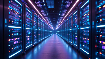 Large room filled with rows of sleek Artificial Intelligence AI supercomputer racks with vibrant blinking LED lights for a powerful modern atmosphere generative AI