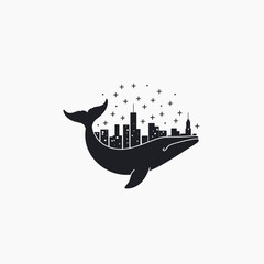 Obraz premium Minimalist black silhouette illustration of a whale containing an urban cityscape and stars, symbolizing nature and city fusion.