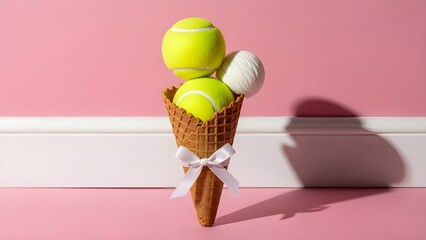 Tennis balls in an ice cream cone on pink background with white trim and shadow with playful and whimsical and creative and fun and still life