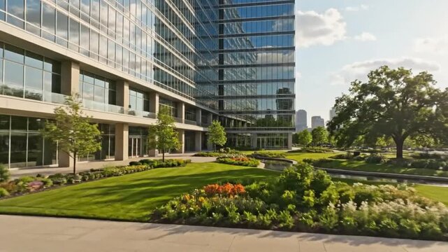 Lush green landscape and modern glass skyscraper building on a sunny day with reflections