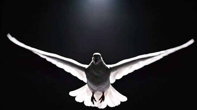 Graceful white dove with open wings flying towards the light on a dark background showing peace and serenity