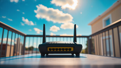 Router Wi-Fi 7 WLAN balcony internet outdoor technology connection sky wireless signal communication digital network electronic home sunshine freedom modern generative AI