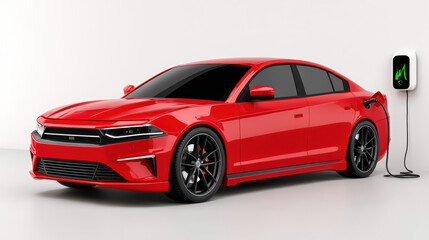 A vibrant red electric sedan is showcased in a minimalist studio setting, connected to a charging station, symbolizing a sustainable and modern automotive future.