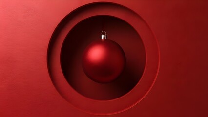A large red christmas ornament hangs from a silver loop against a vibrant red wall with a circular recess with holiday and decor and interior