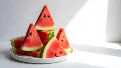 Fresh watermelon slices stacked on white plate for healthy snack