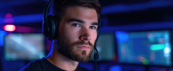 esports player with headset at a multi-monitor gaming setup