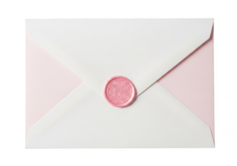 White envelope with pink wax seal on the front, symbolizing love and commitment, perfect for wedding invitations isolated on transparent background
