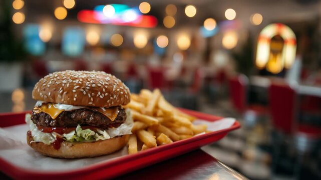 191Close-up of classic diner burger and fries, red tray on reflective chrome counter, steam gently rising, soft focus retro interior with jukebox and neon glow, nostalgic 1950s feel